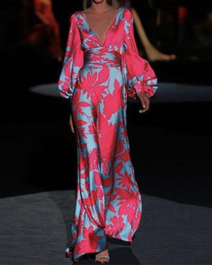 Fashion V-neck Print Maxi Dress