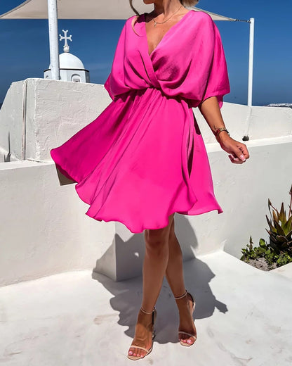 Elegant Solid Color V-neck Loose Dress