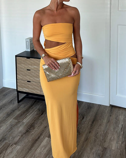 Strapless Hollow Solid Color Slit Dress