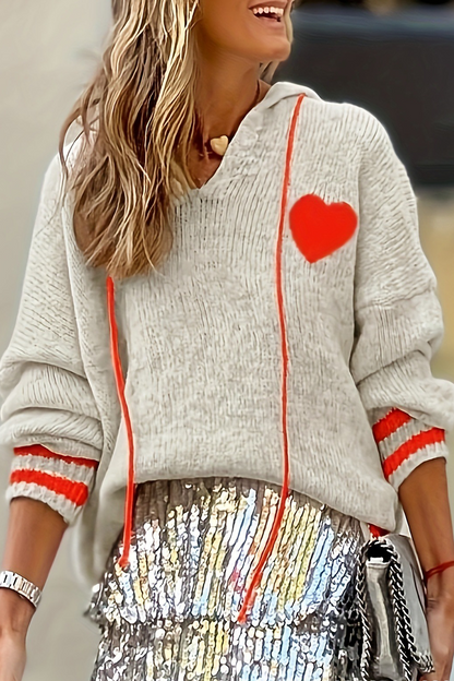 Casual Heart Shaped Draw String Weave Contrast Hooded Tops