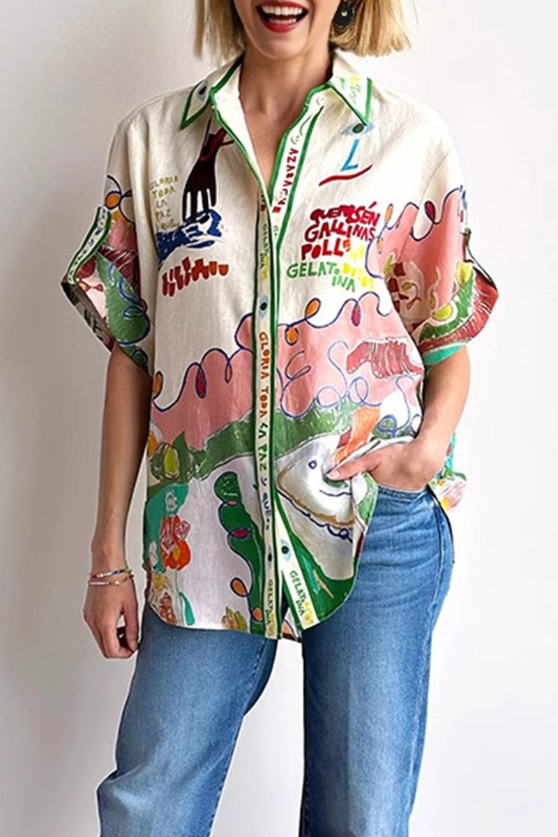 Casual Cartoon Print Buttons Contrast Turndown Collar Tops