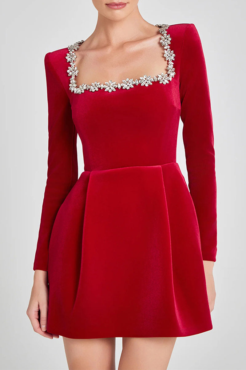 Elegant Solid Color Pocket Rhinestone Decor Square Neck A Line Dresses