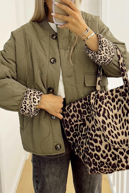 Casual Buttons Leopard O Neck Outerwear