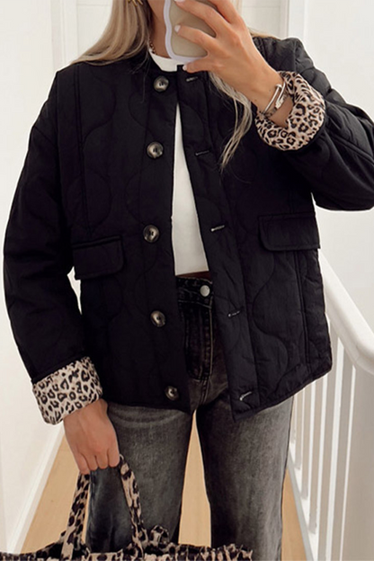 Casual Buttons Leopard O Neck Outerwear