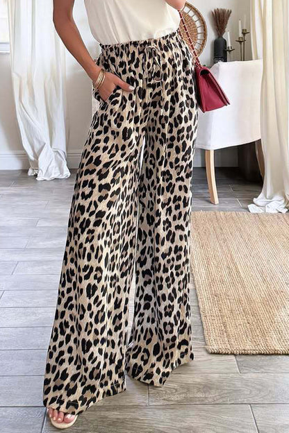 Casual Leopard Pocket Lace Up Loose High Waist Wide Leg Full Print Bottoms