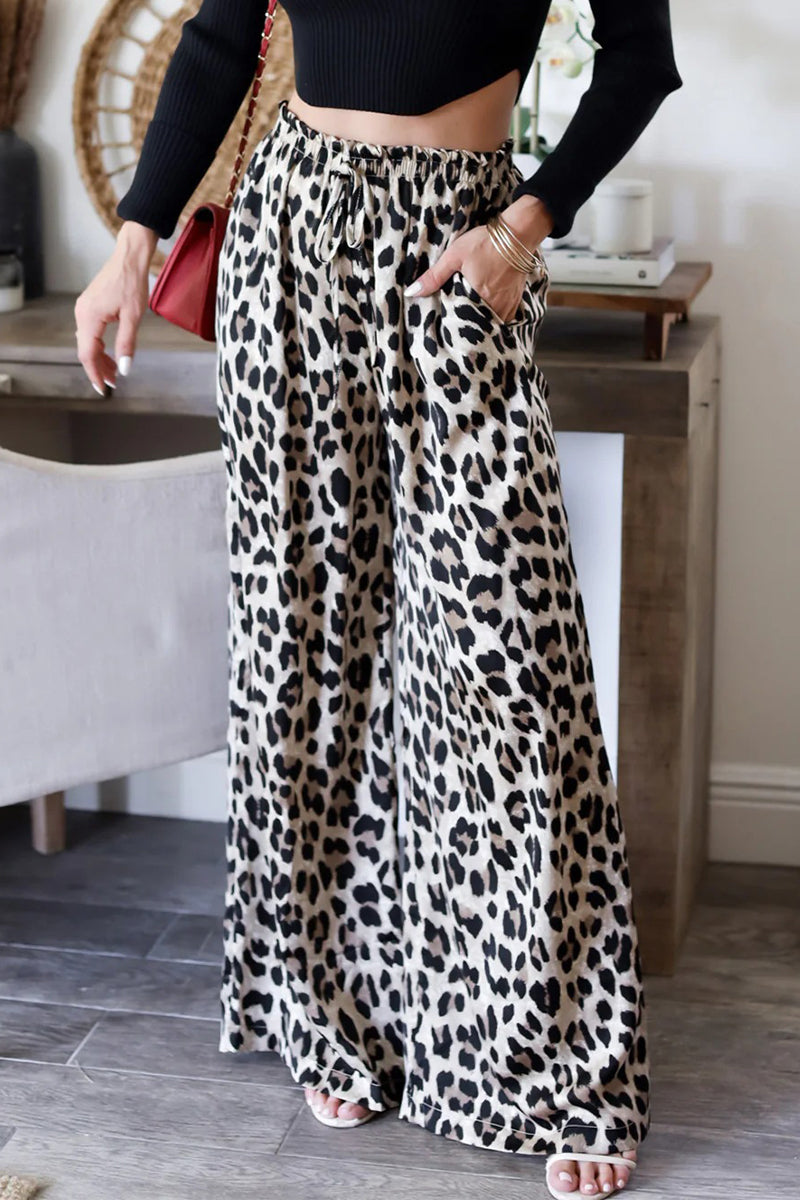 Casual Leopard Pocket Lace Up Loose High Waist Wide Leg Full Print Bottoms