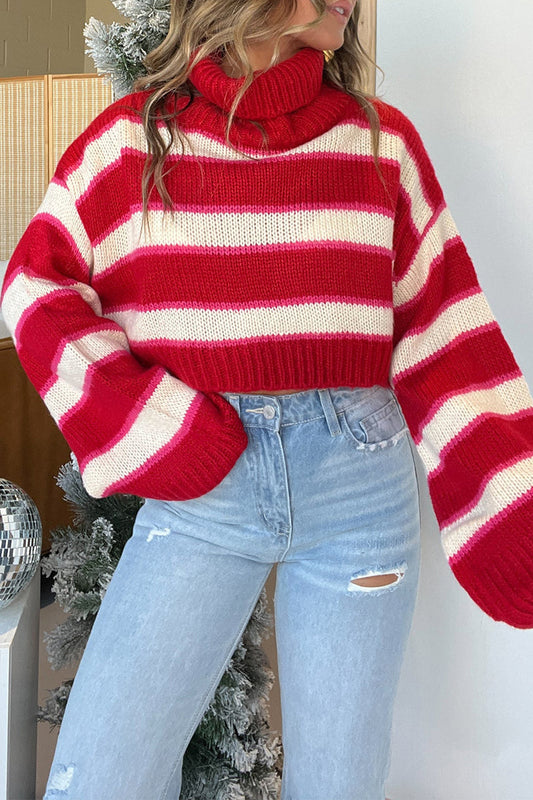 Casual Stripe Weave Contrast Turtleneck Tops