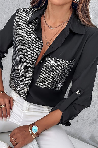 Casual Sequins Pocket Contrast Turndown Collar Blouses