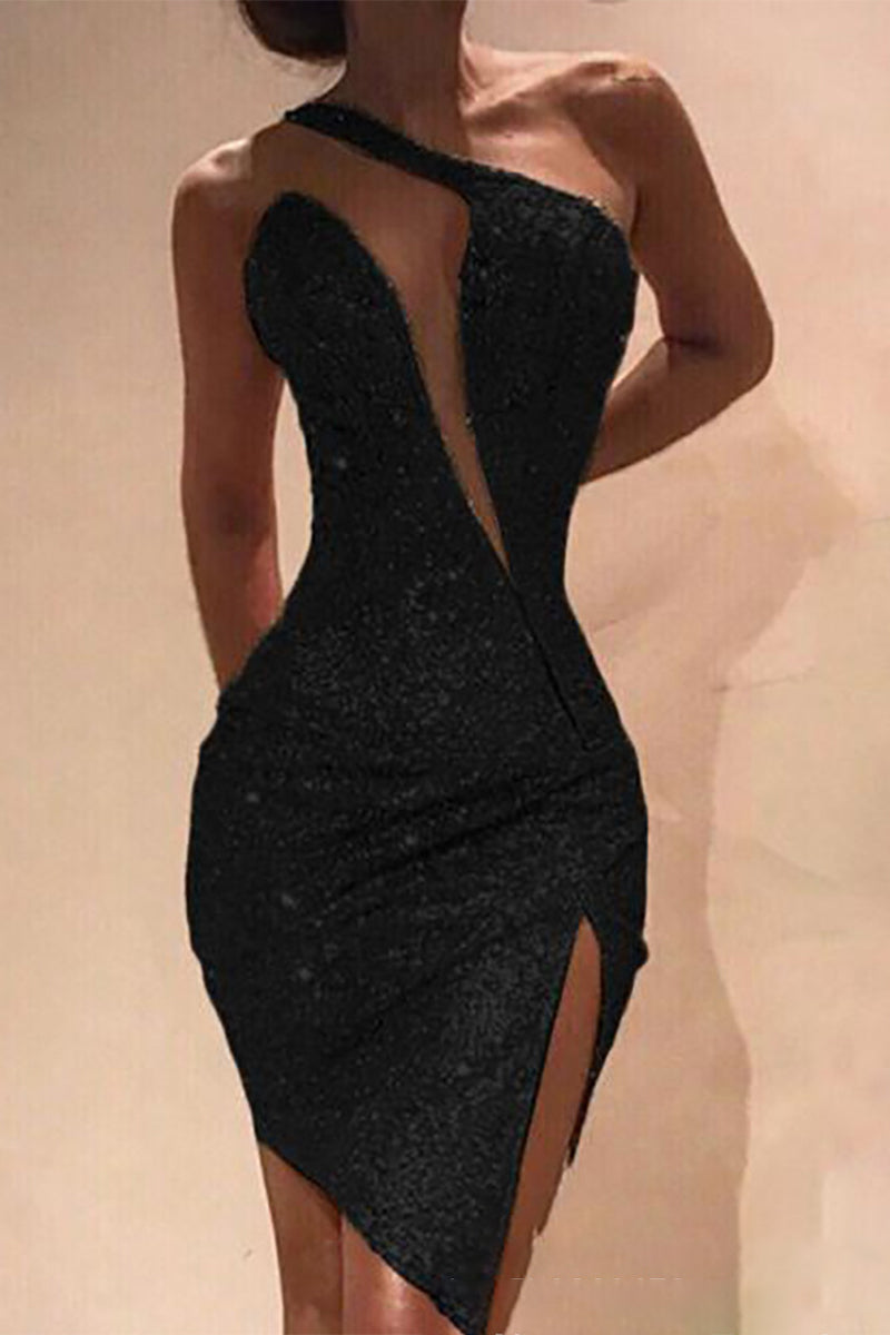 Sexy Party Solid Color Slit Sequined Irregular One Shoulder Wrapped Skirt Dresses