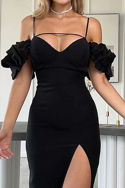 Sexy Solid Color Ruffle Slit V Neck Sling Dresses