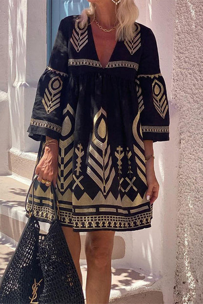 Casual Geometric Print Ruffle V Neck Printed Dresses