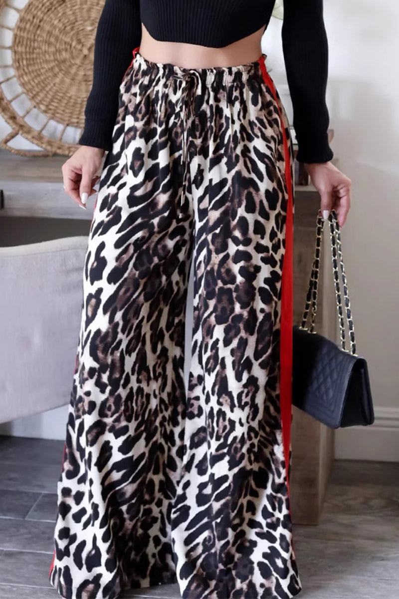 Casual Daily Stripe Leopard Patchwork Loose High Waist Wide Leg Full Print Bottoms