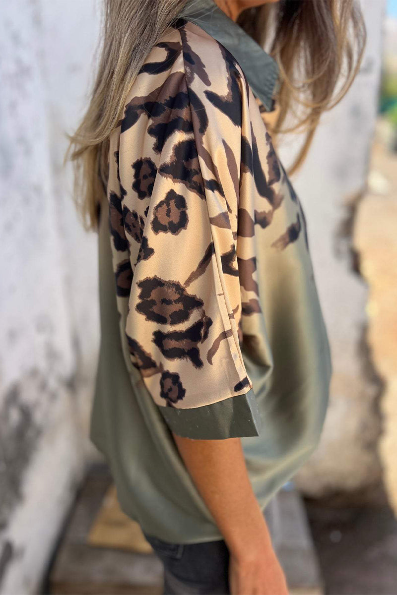 Casual Leopard Buttons Contrast Turndown Collar Blouses