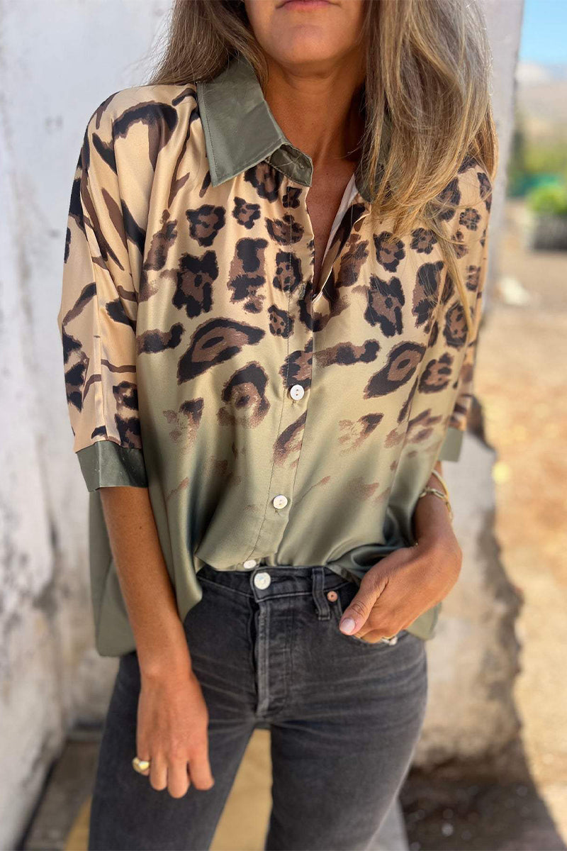 Casual Leopard Buttons Contrast Turndown Collar Blouses