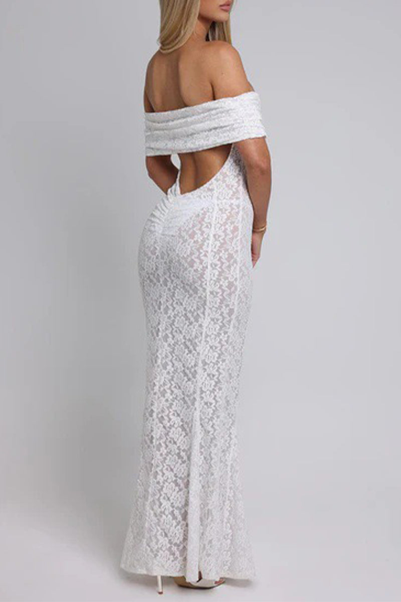 Sexy Solid Color Lace Backless Fishtail Off Shoulder Long Dresses