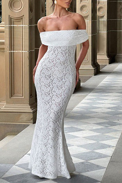 Sexy Solid Color Lace Backless Fishtail Off Shoulder Long Dresses