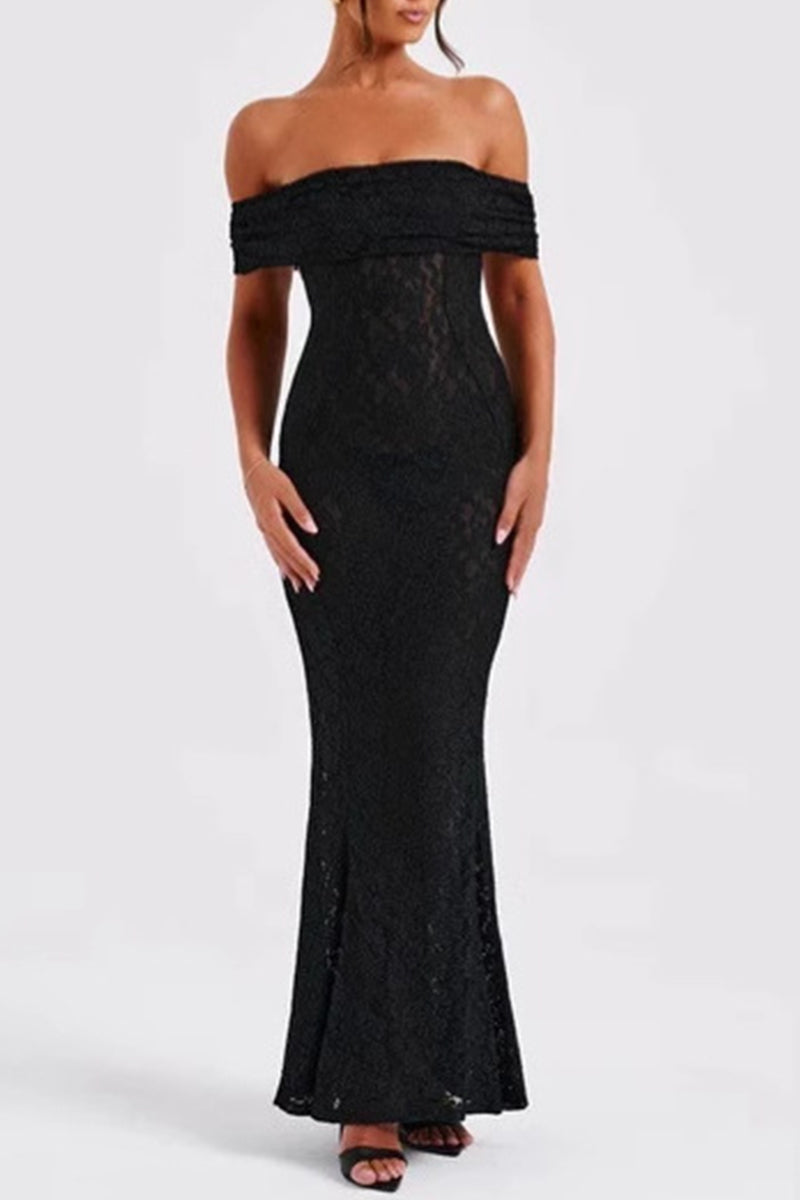 Sexy Solid Color Lace Backless Fishtail Off Shoulder Long Dresses