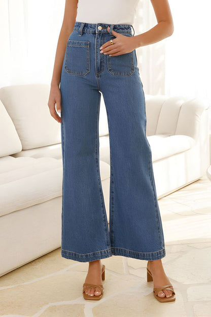 Casual Daily Solid Color Pocket Loose Denim Jeans