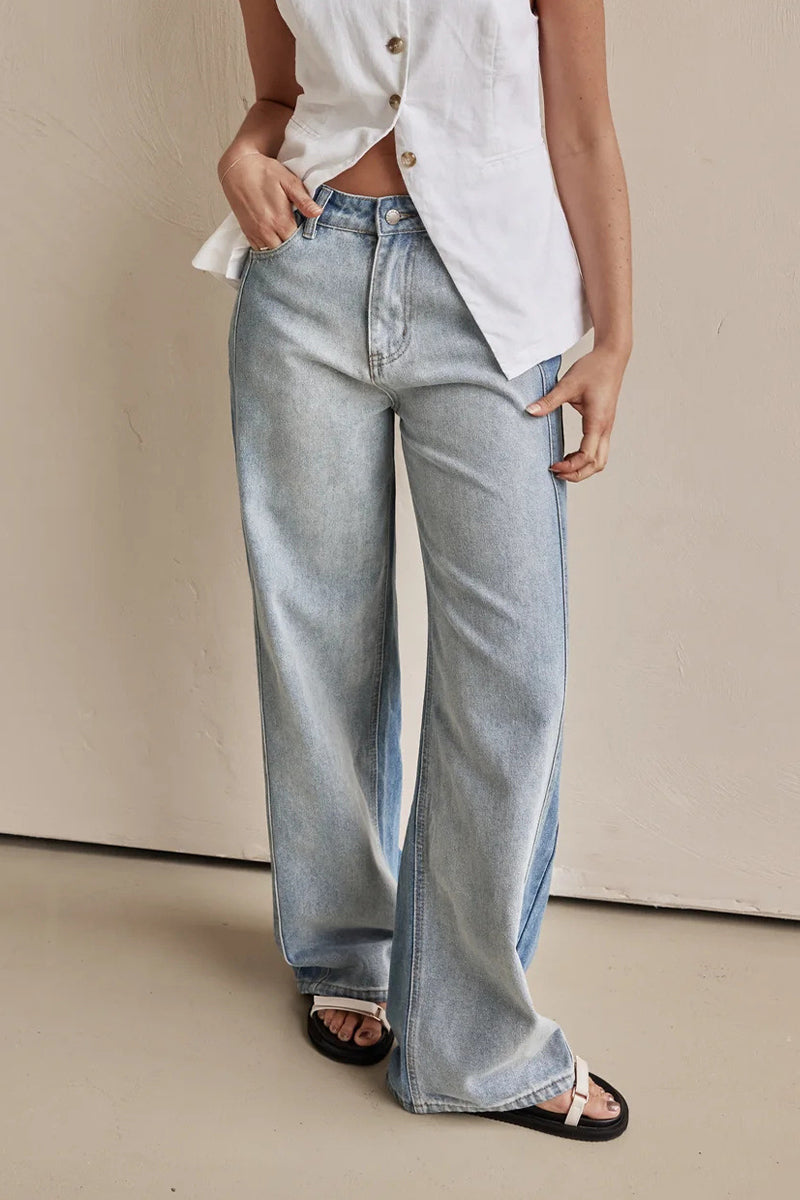 Casual Solid Color Distressed Contrast High Waist Loose Denim Jeans