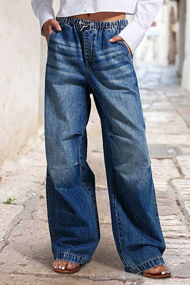 Street Solid Color Patchwork Mid Waist Loose Denim Jeans