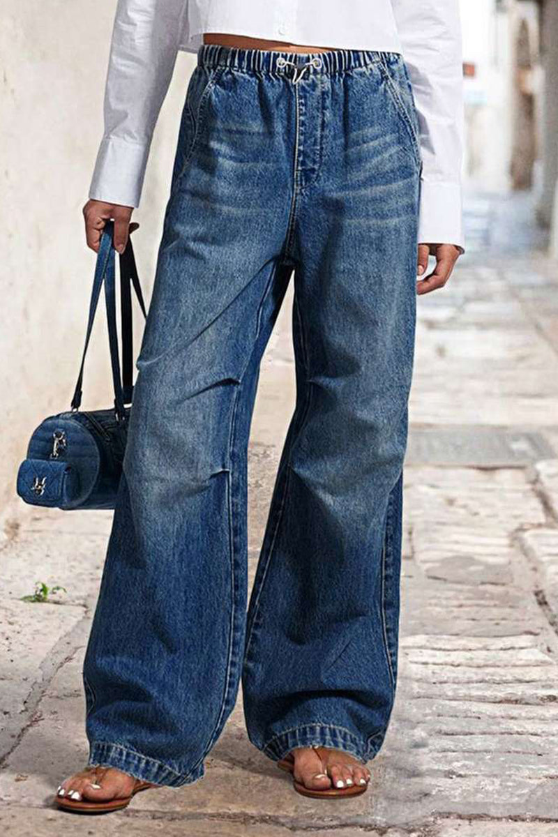 Street Solid Color Patchwork Mid Waist Loose Denim Jeans