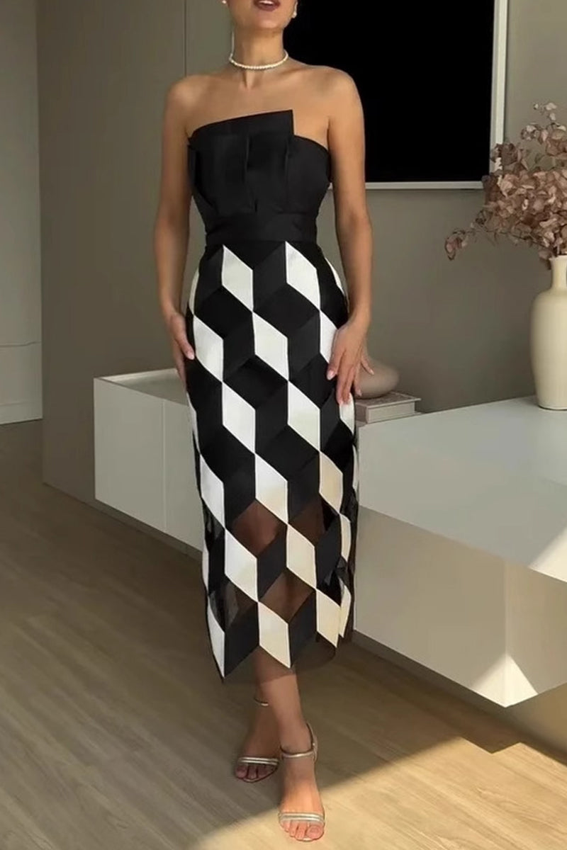 Sexy Plaid Patchwork Irregular Contrast Strapless Strapless Dresses