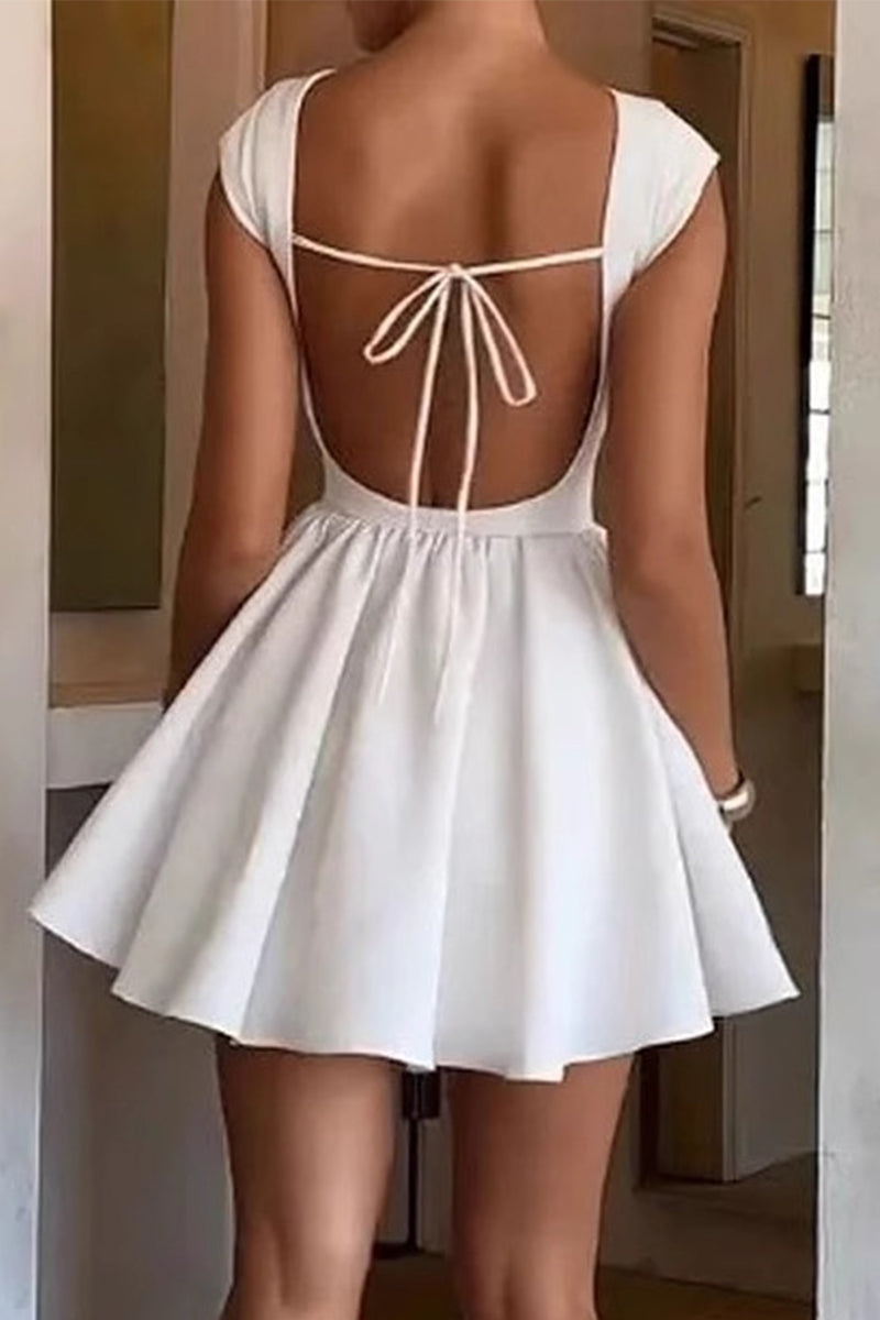 Sexy Solid Color Lace Up Backless O Neck Princess Dresses