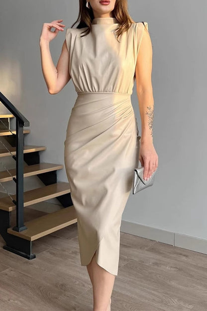 Sexy Solid Color Ruched Half A Turtleneck Wrapped Skirt Dresses