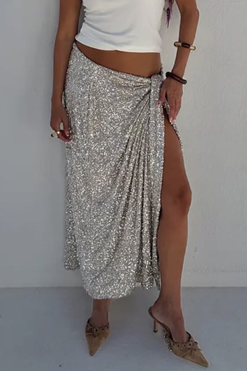 Elegant Solid Color Sequins Ruched Regular High Waist Solid Color Bottoms