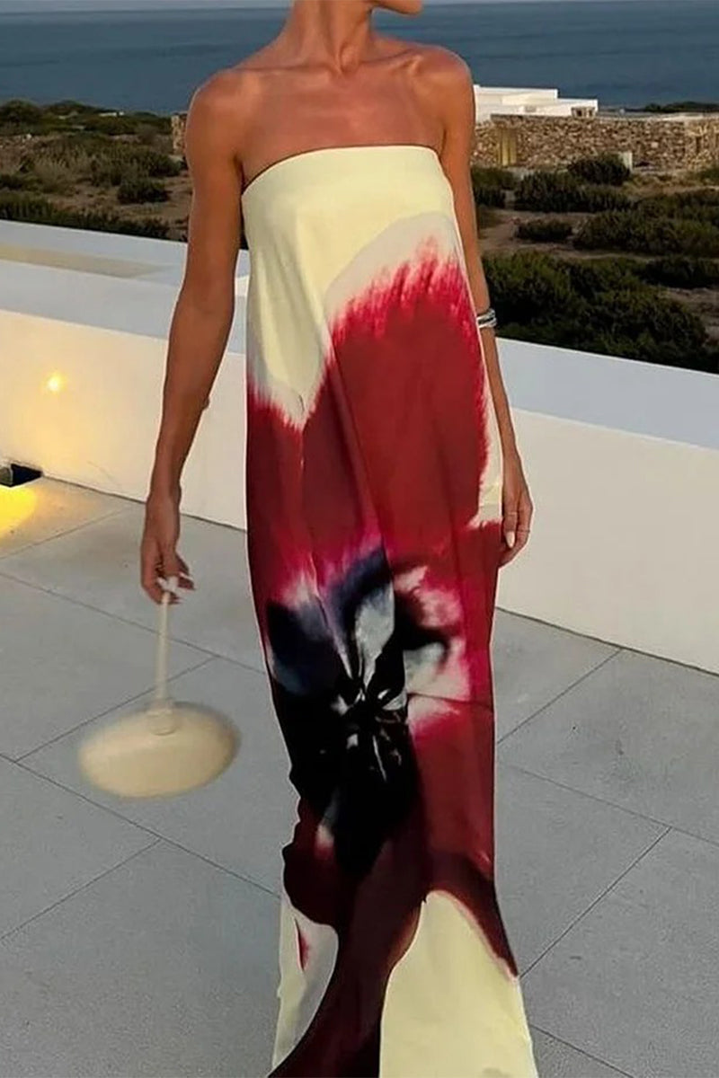 Casual Vacation Floral Print Backless Adjustable Strapless Long Dresses