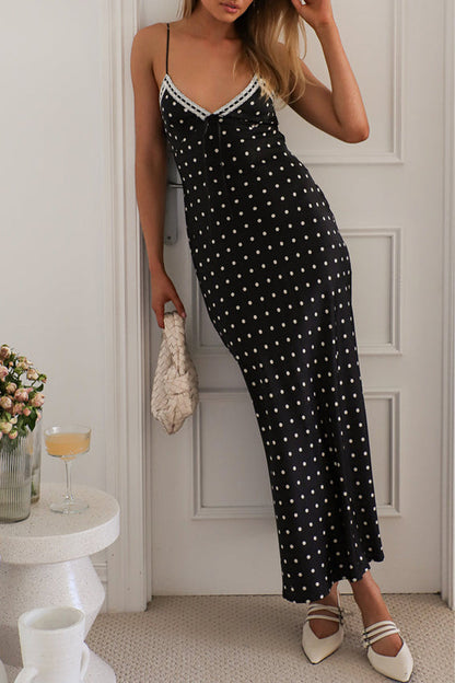 Sexy Polka Dot Patchwork Contrast V Neck Long Dresses