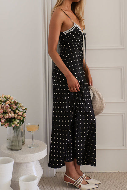 Sexy Polka Dot Patchwork Contrast V Neck Long Dresses