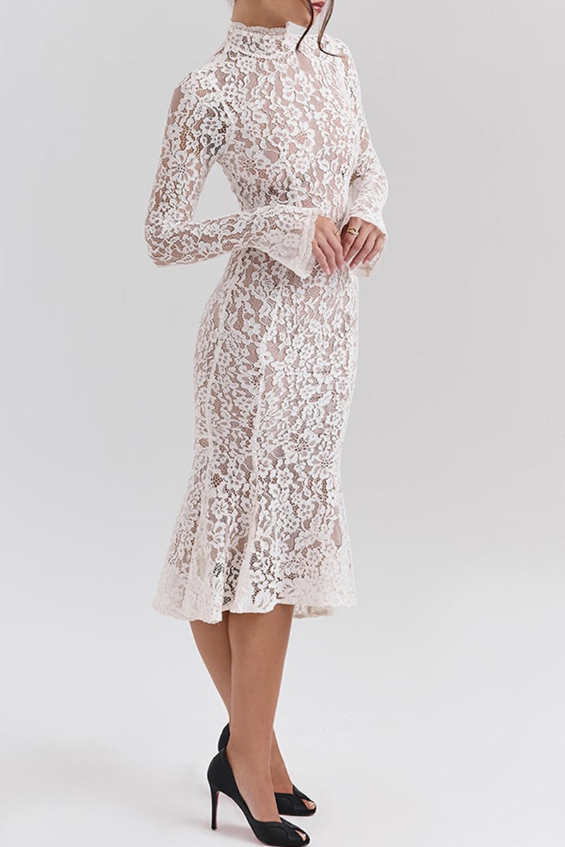 Sexy Solid Color Lace Half A Turtleneck Fishtail Dresses