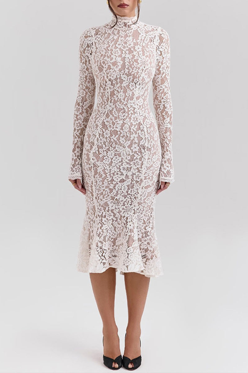 Sexy Solid Color Lace Half A Turtleneck Fishtail Dresses