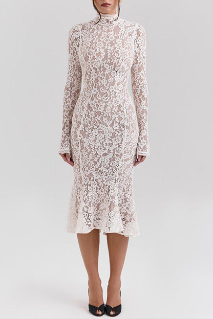 Sexy Solid Color Lace Half A Turtleneck Fishtail Dresses