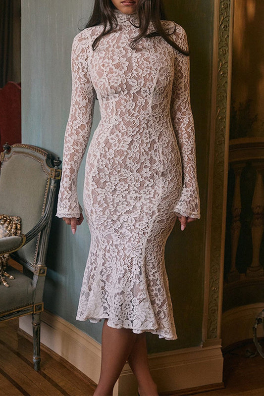 Sexy Solid Color Lace Half A Turtleneck Fishtail Dresses