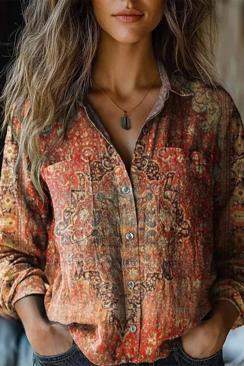 Casual Floral Print Contrast Turndown Collar Blouses(6 Colors)