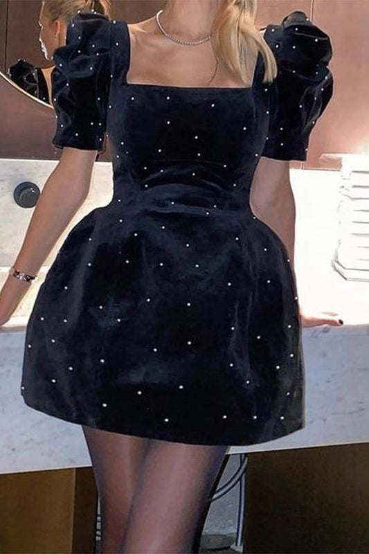 Elegant Solid Color Pearls Decor Square Neck Princess Short Sleeve Dress