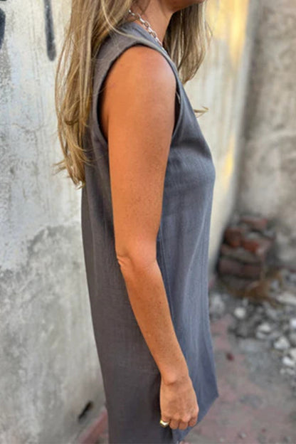 Casual Solid Color Pocket Buttons V Neck Sleeveless Dresses