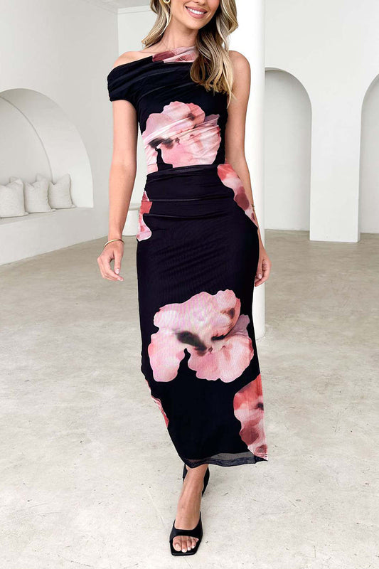 Sexy Flowers Contrast Sloping Shoulder Wrapped Skirt Dresses