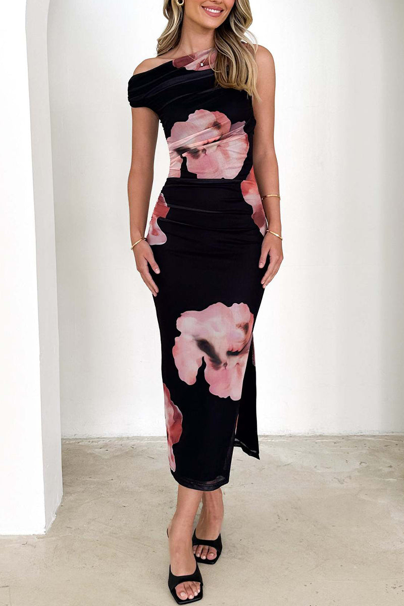 Sexy Flowers Contrast Sloping Shoulder Wrapped Skirt Dresses