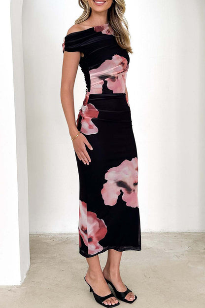 Sexy Flowers Contrast Sloping Shoulder Wrapped Skirt Dresses