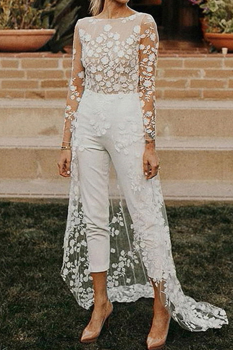 Sexy Solid Color Lace Patchwork O Neck Straight Jumpsuits