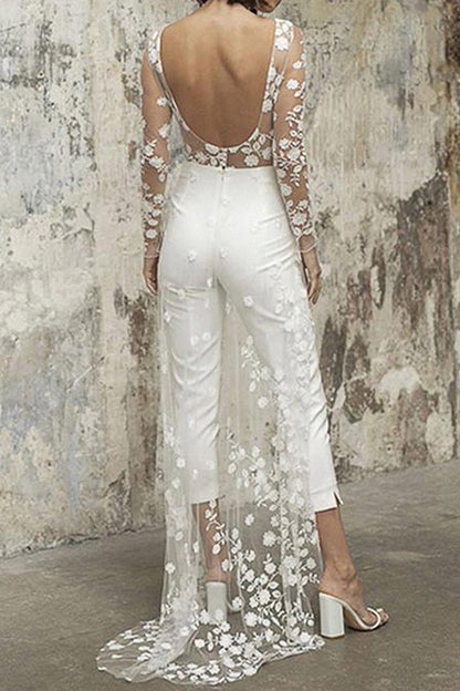 Sexy Solid Color Lace Patchwork O Neck Straight Jumpsuits