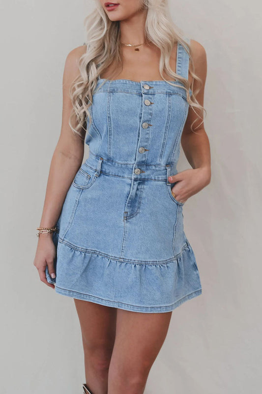 Casual Solid Color Pocket Buttons Ruffle Square Neck Sleeveless Denim Dresses