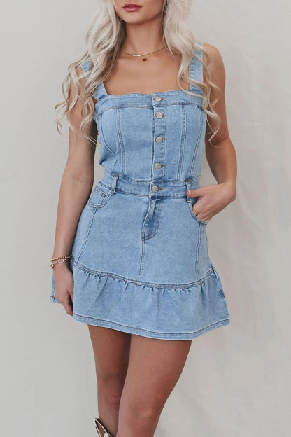 Casual Solid Color Pocket Buttons Ruffle Square Neck Sleeveless Denim Dresses