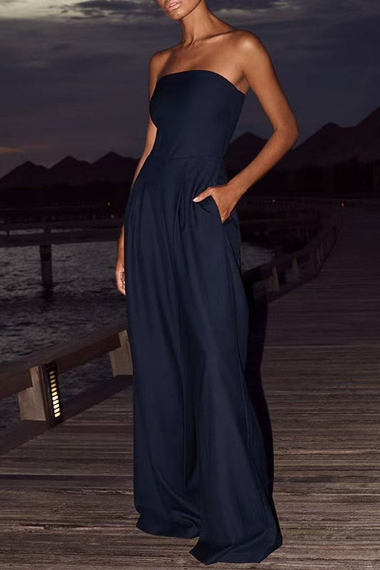 Casual Solid Color Pocket Patchwork Backless Strapless Loose Jumpsuits