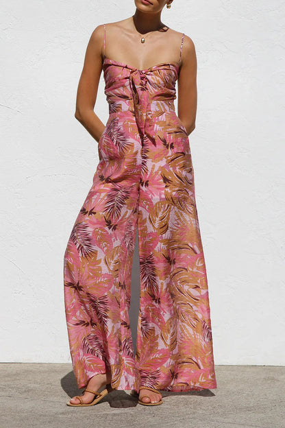 Vacation Floral Print Pocket Contrast V Neck Loose Jumpsuits