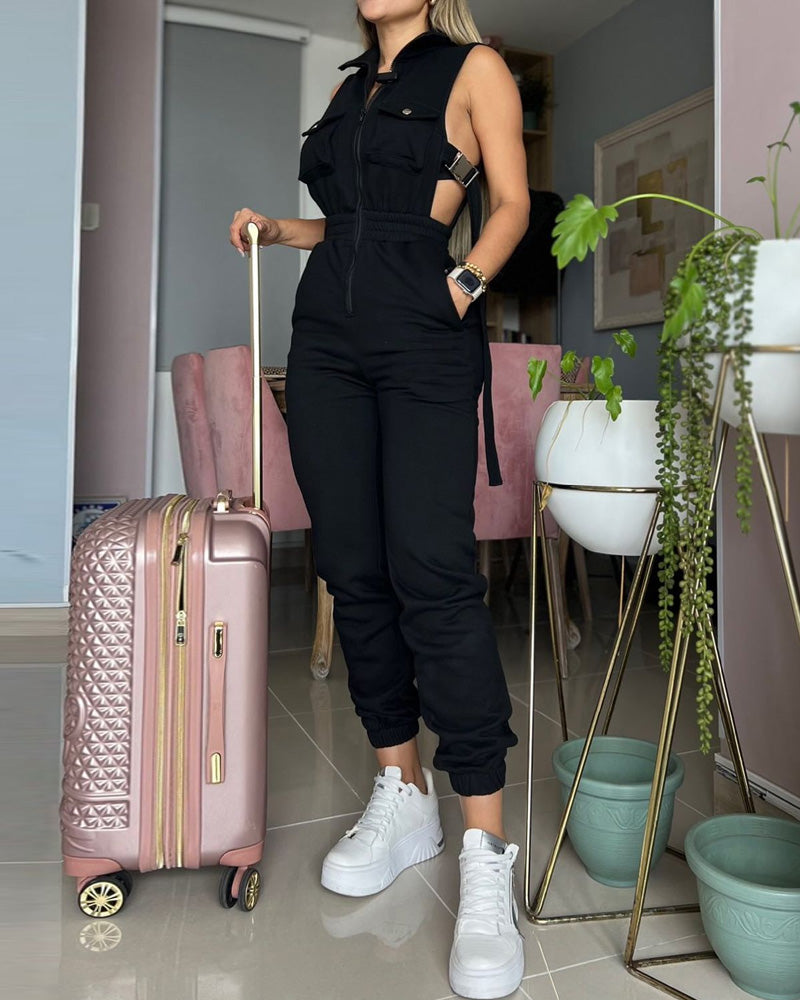 Lapel sleeveless solid color waisted jumpsuit