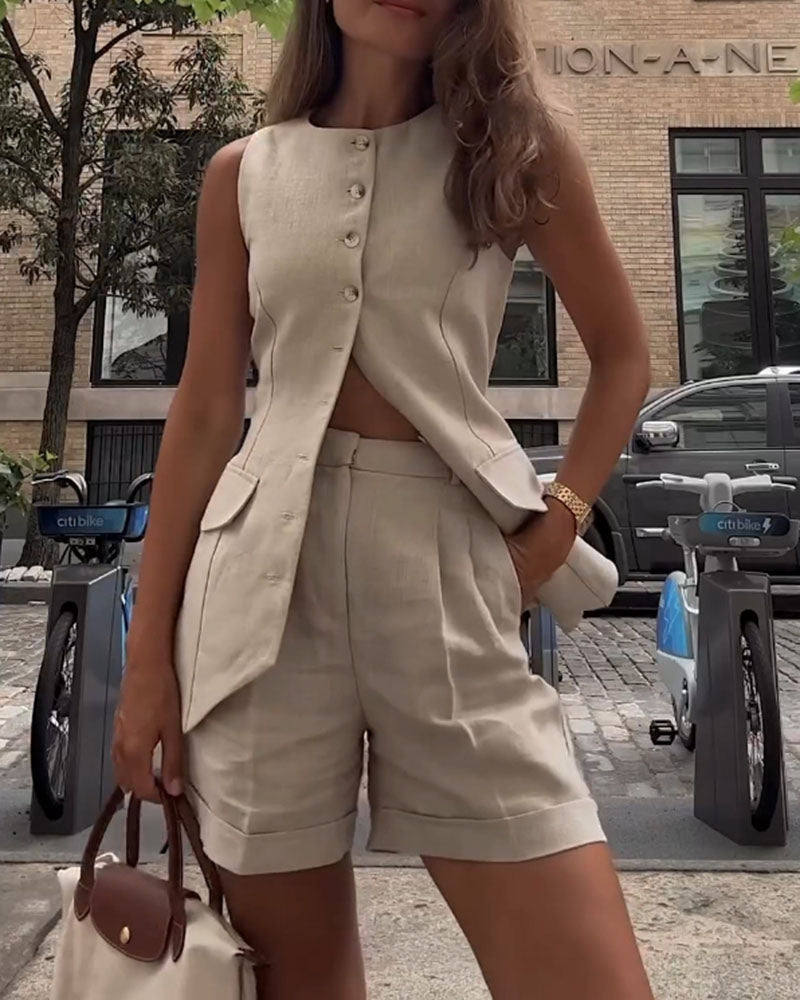 Women's solid color shorts vest suit